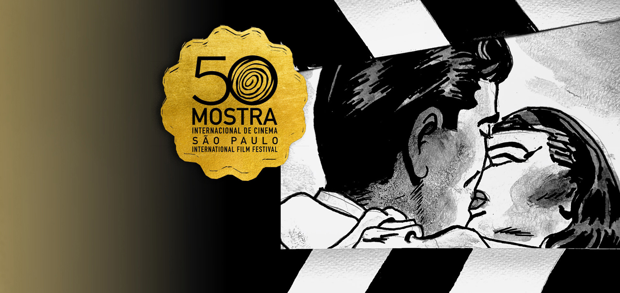 Ilustración de James Gray de una pareja que se besa, identidad visual de la 50.ª Mostra de São Paulo