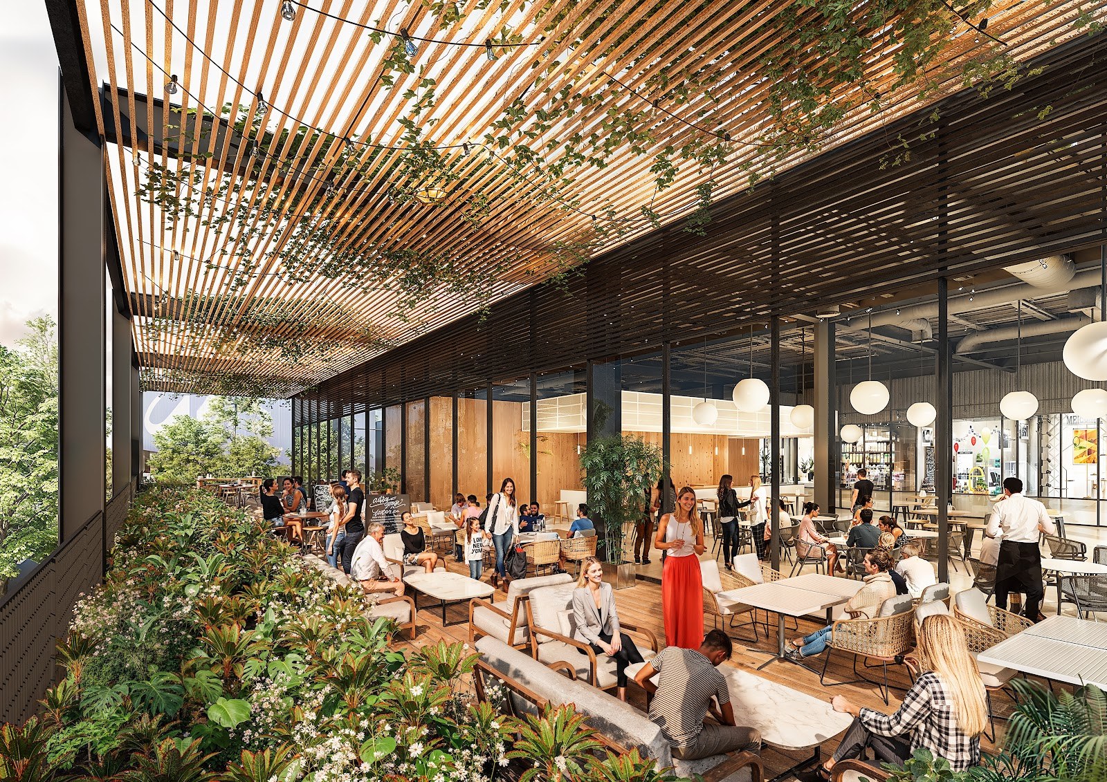 Render del área gastronómica de Car One Center Punta del Este con pérgola de madera y vegetación