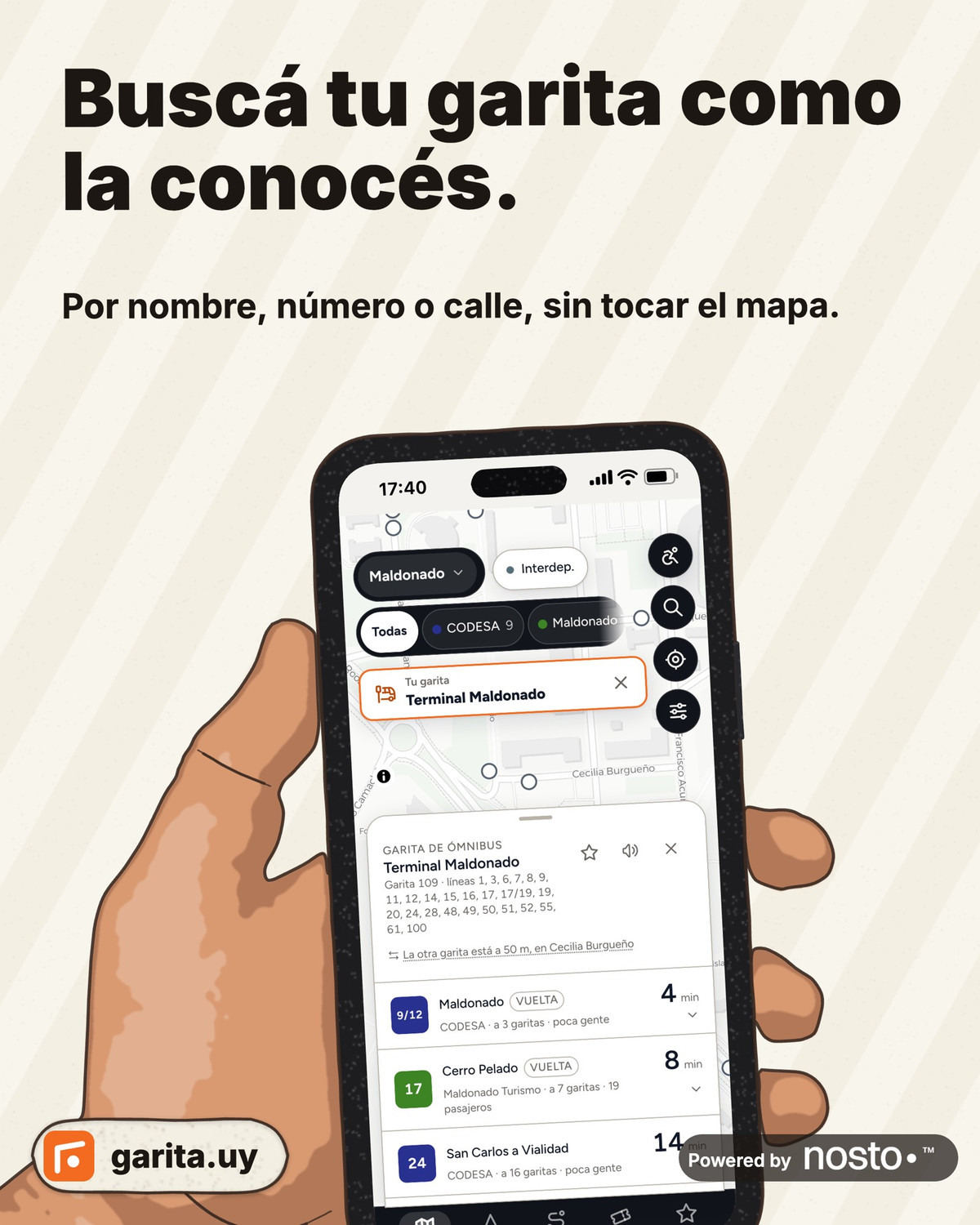 Mano sosteniendo un teléfono con Garita mostrando la Terminal Maldonado
