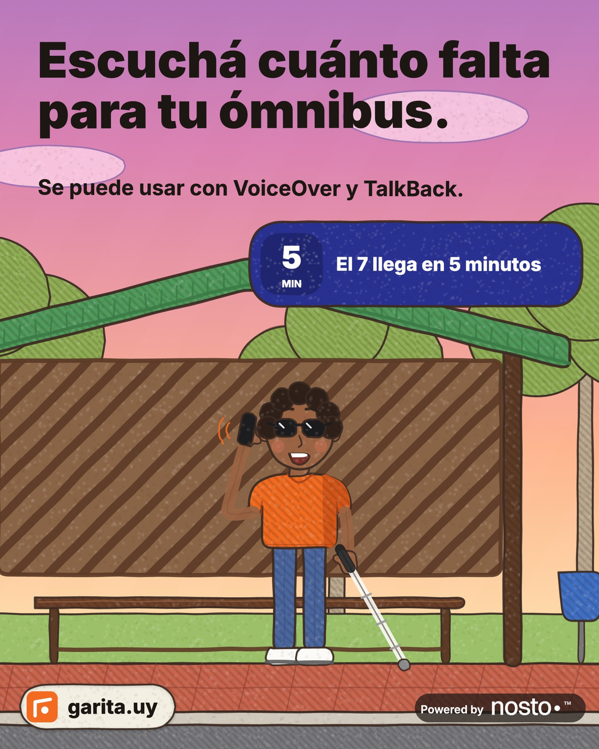 Ilustración de una persona ciega en una parada de ómnibus escuchando el tiempo de llegada