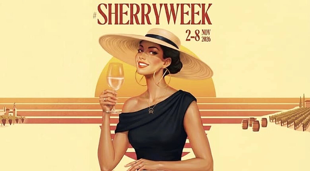Afiche de la Sherry Week 2026 con una mujer brindando con una copa de vino de Jerez