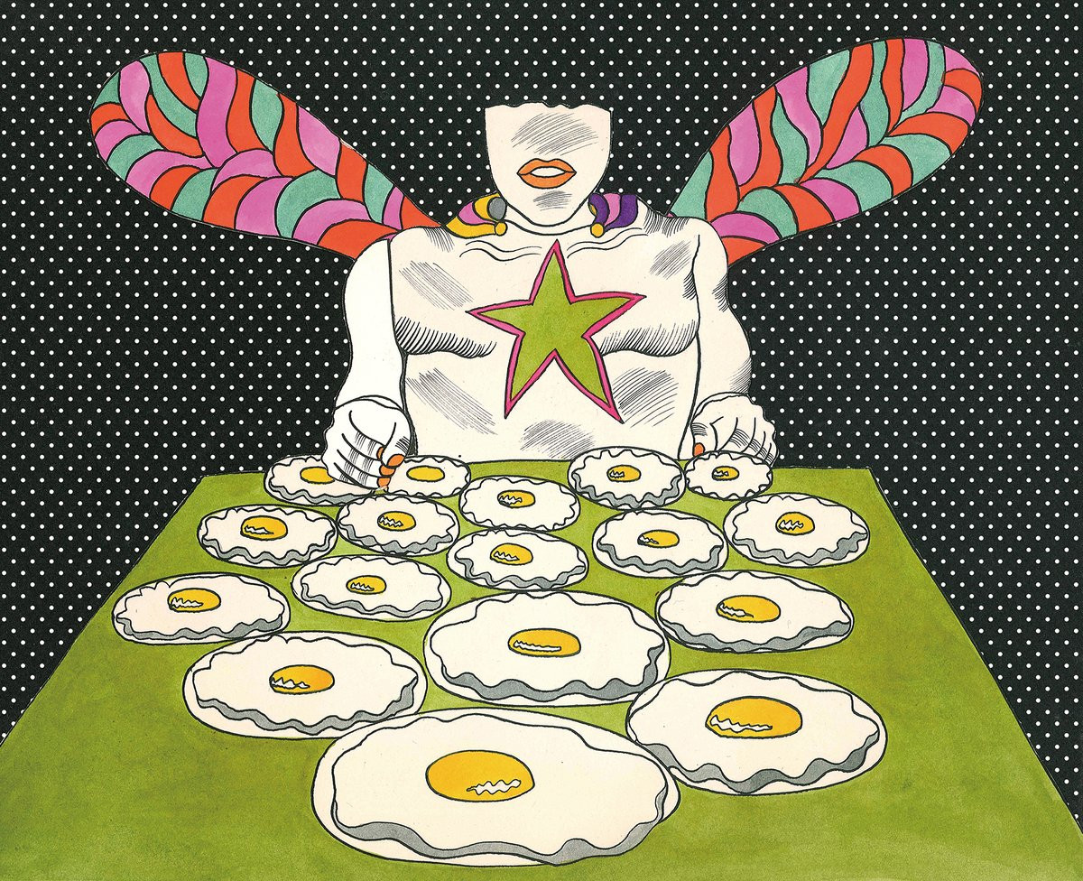 Obra pop de Keiichi Tanaami con una figura alada y huevos fritos sobre una mesa