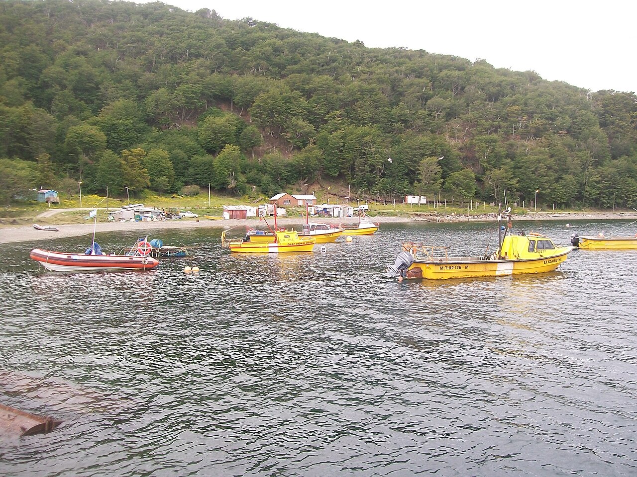 Botes de pescadores en la costa de Puerto Almanza sobre el Canal Beagle