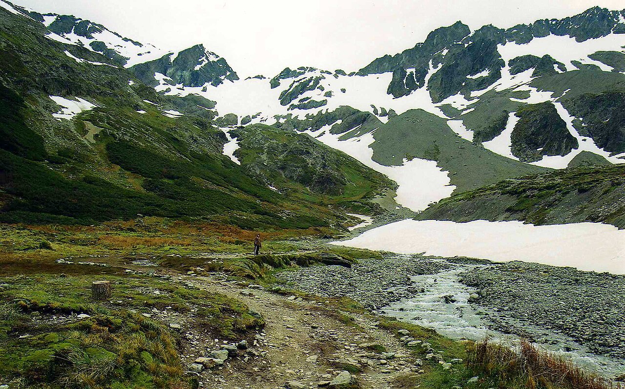 Sendero hacia el Glaciar Martial entre bosque y laderas nevadas en Ushuaia